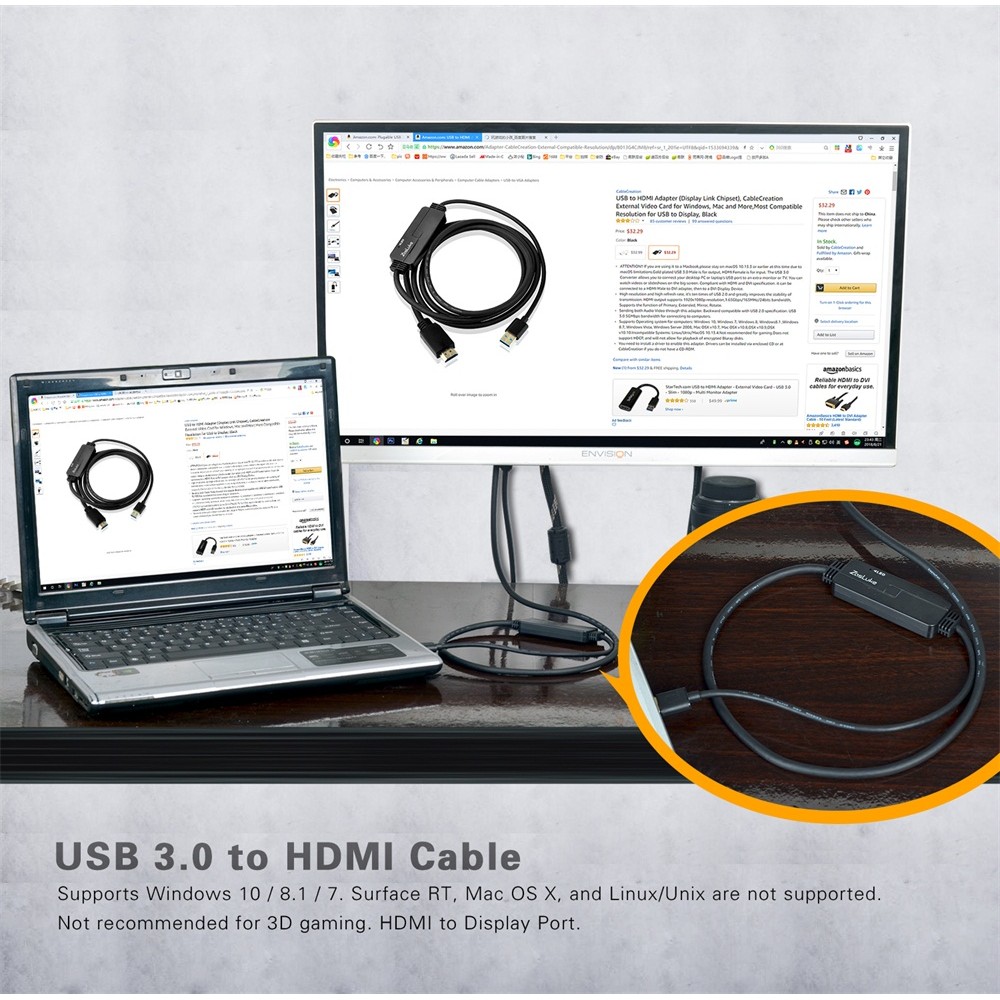 ZasLuke USB 3.0 to HDMI Cable,USB to HDMI Male to Male Converter